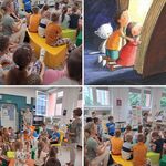 Zdjęcie 4 Kolaż 3 zdjęć. W bibliotece uczniowie kl. 1c i 1d siedzą na pufach. Pani bibliotekarka czyta im książkę..jpg
