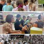 Zdjęcie 2 Kolaż 3 zdjęć. W bibliotece uczniowie kl. 1a siedzą na pufach. Mama ucznia czyta im książkę..jpg