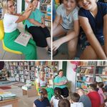 Zdjęcie 8 Kolaż 3 zdjęć. W bibliotece uczniowie kl. 2c siedzą na pufach. Dwie mamy czytają im książkę..jpg