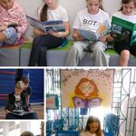 3 z 14 Kolaż 4 zdjęć. Uczniowie czytają książki na korytarzu_ w sali gimnastycznej_ w bibliotece..jpg