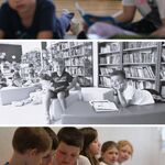8 z 14 Kolaż 3 zdjęć. Uczniowie czytają książki na korytarzu_ w bibliotece_ w sali gimnastycznej..jpg