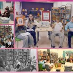 Zdjęcie 2 Uczniowie klasy 3c słuchają w bibliotece głośnego czytania. Czytają im uczniowie klas 8..jpg