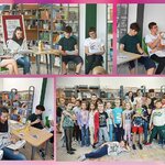 Zdjęcie 6 Uczniowie klasy 3b słuchają w bibliotece głośnego czytania. Czytają im uczniowie klas 8..jpg