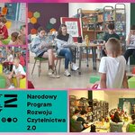 Zdjęcie 3 Uczniowie klasy 2b słuchają w bibliotece głośnego czytania. Czytają im uczniowie klas 8..jpg
