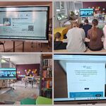 Kolaż 4 zdjęć. Uczniowie siedzą na pufach w bibliotece i oglądają lekcję online wyświetloną na dużym ekranie telewizora..jpg