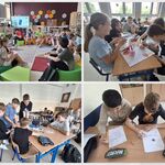 Zdjęcie 1 Kolaż 4 zdjęć. W bibliotece oraz w klasie uczniowie pracują w grupach..jpg