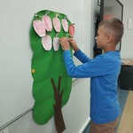 Uczeń przykleja do schematu drzewa kartkę ze swoimi umiejętnościami.jpg