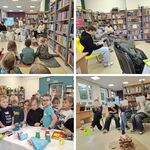 Kolaż 4 zdjęć. W bibliotece szkolnej starsi uczniowie z kl. 8 czytają młodszym uczniom z kl.1 książkę..jpg