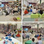 Kolaż 4 zdjęć. W bibliotece szkolnej starsi uczniowie czytają młodszym uczniom z klasy 1 książkę..jpg