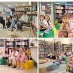 Kolaż 4 zdjęć. W bibliotece szkolnej starsi uczniowie czytają młodszym uczniom z kl. 3 książkę..jpg