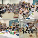 Kolaż 4 zdjęć. W bibliotece szkolnej starsi uczniowie czytają młodszym uczniom z kl. 2 książkę..jpg