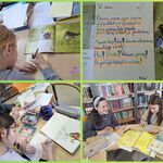 Kolaż 4 zdjęć. W bibliotece szkolnej uczennice przepisują wiersze..jpg