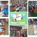 Kolaż 6 zdjęć. Uczniowie uczestniczą w zajęciach czytelniczych w bibliotece szkolnej..jpg