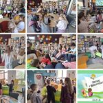 Kolaż 8 zdjęć. Uczniowie uczestniczą w zajęciach czytelniczych w bibliotece szkolnej..jpg