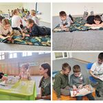 Kolaz 4 zdjęć. Grupa uczniów leżąc lub siedząc czyta książki..jpg