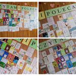 Kolaż 4 zdjęć.  Na ścianie wiszą okładki książęk narysowane przez uczniów oraz napis Czytam i polecam..jpg