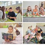 Kolaż 4 zdjęć. Uczniowie leżą w sali gimnastycznej i czytają książki..jpg
