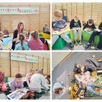 Kolaż 4 zdjęć. Uczniowie siedzą na pufach lub  leżą na kocu i czytają książki..jpg