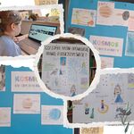 Kolaż 5 zdjęć. Plakat z pracami uczniów_ w bilbiotece uczennica pracuje przy laptopie..jpg