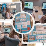 Kolaż 5 zdjęć. Plakat z pracami uczniów_ w bilbiotece uczennice pracują przy laptopach..jpg