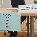 Stolik z przyczepioną kartką_ napis Szkolna Komisja Wyborcza..jpg