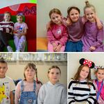 Kolaż 4 zdjęć_ uśmiechnięte uczennice i uczeń na korytarzu szkolnym..jpg