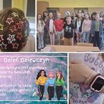 Kolaż 4 zdjęć. Plakat z życzeniami_ grupowe zdjęcie klasy_ głowa ucznia z spinkami_ ręka uczennicy z bransoletką..jpg